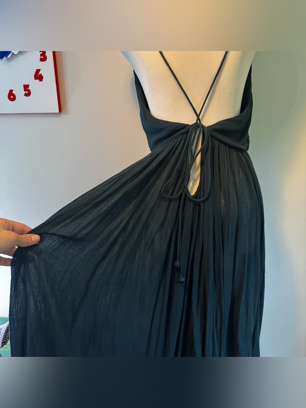 Free People - Dark teal strappy Open-Back Maxi Dress; tie string in the back